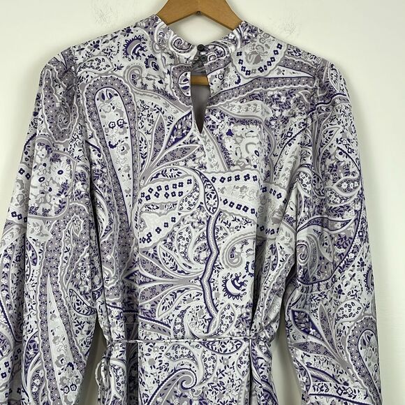 Ann Taylor Women’s Large Dress Long Sleeve Floral Silky Belted High Neck Purple - Picture 5 of 9
